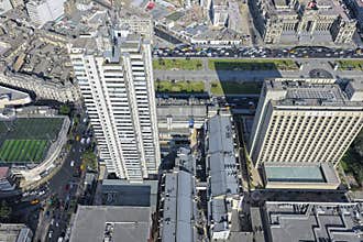 Top view of huge office buildings in the middle of the city