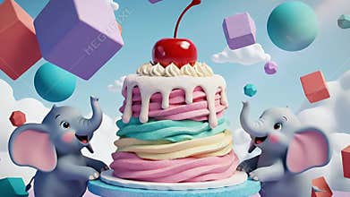 Whimsical pastel birthday party scene with two mice and a rainbow cake atop clouds
