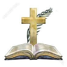 Hand drawn watercolor illustration of an open holy bible with a golden cross and green palm branch. This sacred religious