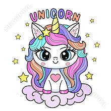 A cute unicorn with a rainbow mane sits on a cloud. Vector illustration