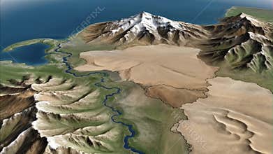 Geographical relief map of arid landscape featuring towering snow-capped mountains, vast deserts, winding river, and a segmented