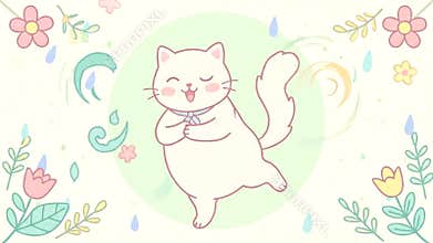 Charming cream cat illustration, joyfully blushing amidst delicate pastel spring blossoms and gentle raindrops