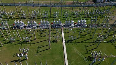 Aerial view of an expansive power substation