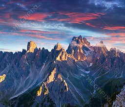 Colorful summer sunrise in Italy Alps, Tre Cime Di Lavaredo, Dolomites, Europe.