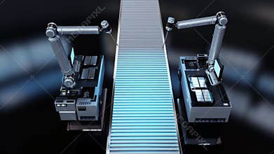 3d rendering robot assembly line producing cyborg in factory