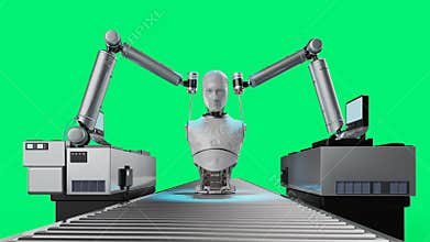 3d rendering robot assembly line producing cyborg isolated on green screen