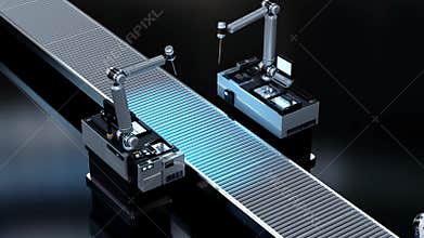 3d rendering robot assembly line producing cyborg in factory
