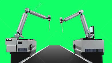 Automation industry concept with robotic arms with control panels isolated