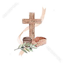 Wooden cross with bread, clay cup, olive branch with flowing ribbon watercolor illustration on white. Religious