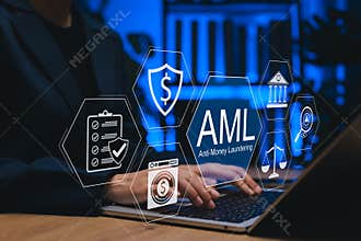 Anti-money laundering AML concept with businessperson using laptop and digital icons representing finance security, legal