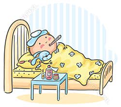 Child has got flu and is lying in bed with a thermometer