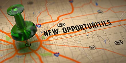 New Opportunities - Green Pushpin on a Map Background.