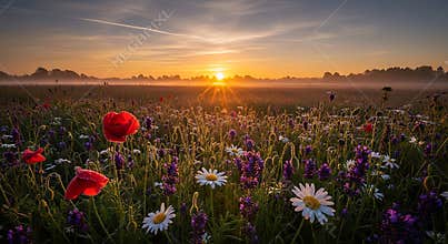 Red Poppies Daisies Lavender Field Sunrise Mist dawn