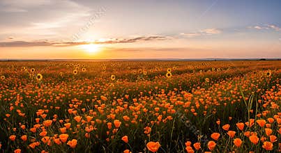 Orange Poppies and Sunflowers Field at Sunset Golden Hour nature
