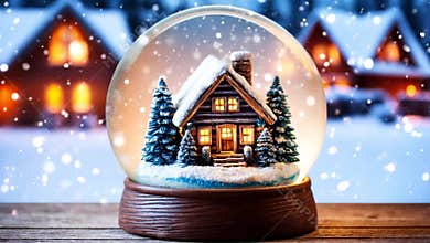 Magical Snow Globe with Cozy Cabin on Wooden Table