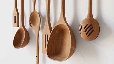 Wooden kitchen utensils hanging on wall