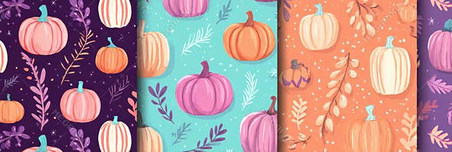 Colorful Pumpkin Patterns Showcasing Autumn Vibes With Various Designs Featuring Leaves and Cheerful Colors