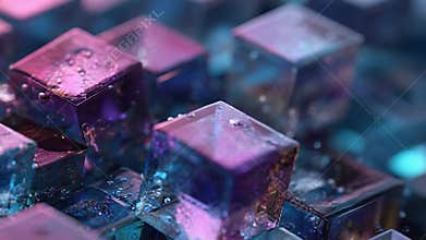 Abstract glowing purple and blue wet glass cubes