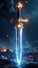Fantasy sword with glowing blade and ornate gold hilt in a mystical environment