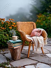 A cozy outdoor setting with a wicker chair, warm blankets and books on a tree stump evokes the feeling of relaxation in nature