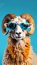 Cool Ram Portrait with Sunglasses Against Blue Sky Background Art Funny Creative