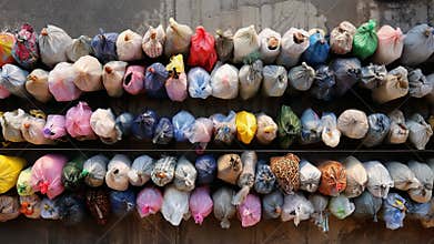 Colorful Collection of Filled Bags Organized on a Shelf, Showcasing a Variety of Textiles and Fabrics in Multiple Colors and
