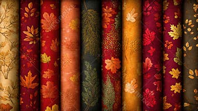 Decorative Autumn Fabric Rolls With Leaf Patterns in Warm Tones Arranged Side by Side for Creative Crafting