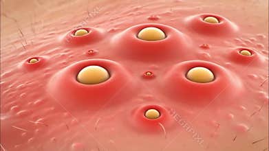 Close Up of Red Pimples with Yellow Heads on Skin.