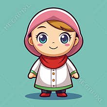 Cute cartoon girl with hijab in pink and red scarf on light blue background