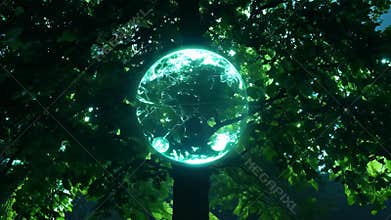 Glowing Orb on Tree Trunk in a Dark Forest at Night With Green Leaves