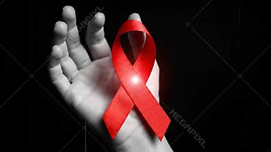 Red Awareness Ribbon on Hand Symbolizing HIV, AIDS, and Health Support