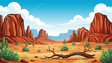 Vibrant Desert Landscape: Animated Cacti, Mountains, and Blue Sky
