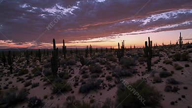 Desert Landscape With Saguaro Cacti at Sunset in Arizona