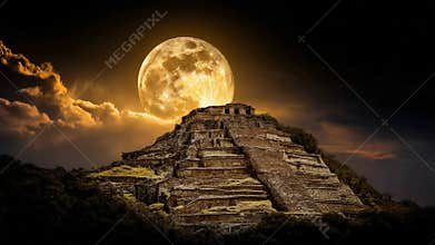 Ancient Pyramid Under a Giant Full Moon in a Dramatic Night Sky