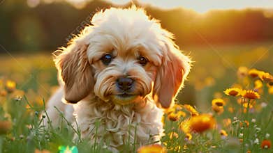 Cute Cockapoo Puppy Walks Through Flower Field at Sunset