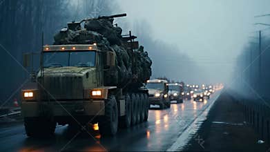 A convoy of military trucks and armored vehicles driving down a wet highway on a foggy and rainy day representing troop movement o