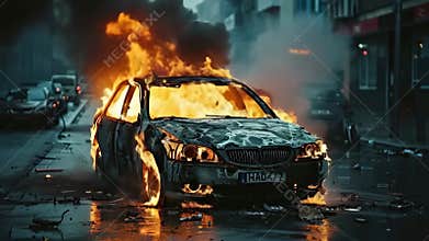 A destroyed car on fire in the middle of a city street during a riot or protest