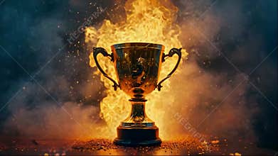 Golden trophy surrounded by flames and smoke representing victory and achievement