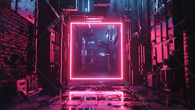 Cyberpunk alley with glowing neon portal and futuristic light