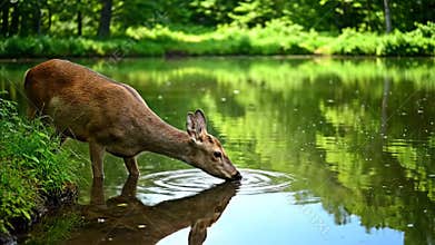 Deer Drinks Water at Edge of Pond in Lush Forest During Daytime