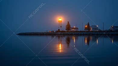 Lighthouse Beacon Shining Through Misty Ocean Night Along Coastal Village Generative AI
