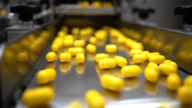 Yellow Pills Moving on Conveyor Belt in a Pharmaceutical Factory