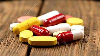 Different Colorful Pills and Capsules on Wooden Surface