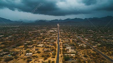 Desert suburb sprawl under dramatic stormy sky