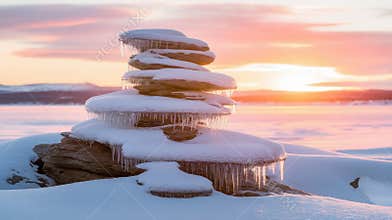 Snow Covered Rock Cairn With Icicles at Sunset in Yellowknife, Northwest Territories