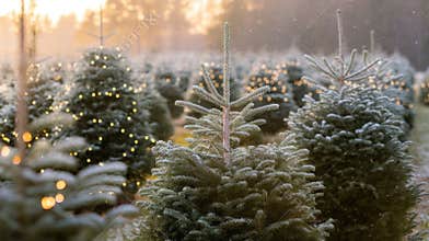 Choosing a Christmas Tree at a Tree Farm With Decorated Trees at Sunset