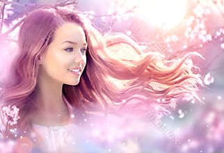 Beautiful Girl in Fantasy Spring Garden