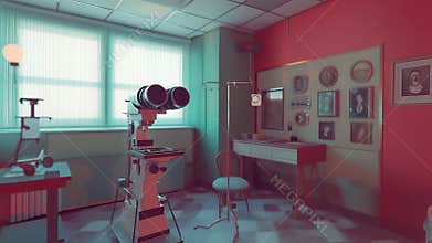 Vintage medical examination room with microscope and portraits displayed on wall
