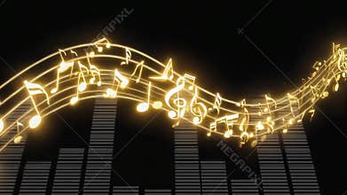 Musical notes flowing with rhythmic sound waves