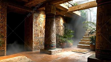 A room with a stone floor and pillars in it